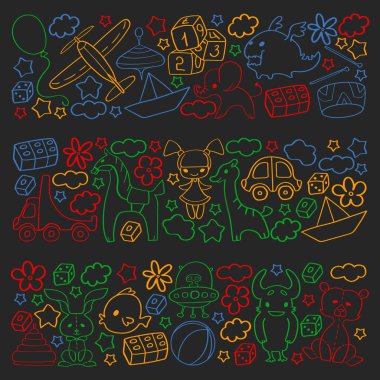 Çocuk oyuncakları ile vektör deseni. Küçük çocuklar için Doodle tarzında anaokulu elemanları. Eğitim, oyun, büyümek