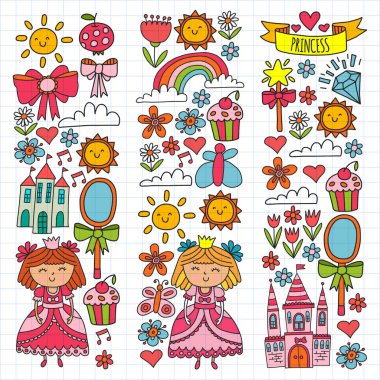 Küçük kızlar için vektör deseni. Mutlu Doğum günü partisi için Prenses illüstrasyon.