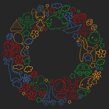 Çocuk oyuncakları ile vektör deseni. Küçük çocuklar için Doodle tarzında anaokulu elemanları. Eğitim, oyun, büyümek