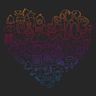 Küçük öğrenciler ile okul simgeleri ile vektör deseni. Çocuk eğitim kimya, yaratıcılık, matematik, fizik, cebir, geometri, biyoloji, coğrafya, astronomi.