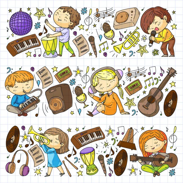 아이들은 음악을 재생합니다. 음악 교육, 연극, 학교. — 스톡 벡터