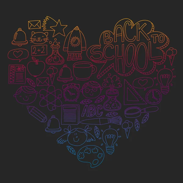 Küçük öğrenciler ile okul simgeleri ile vektör deseni. Çocuk eğitim kimya, yaratıcılık, matematik, fizik, cebir, geometri, biyoloji, coğrafya, astronomi.