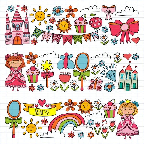 Vector patroon voor kleine meisjes. Prinses illustratie voor gelukkige verjaardagsfeestje. — Stockvector