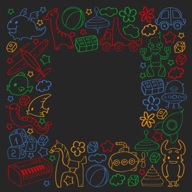 Çocuk oyuncakları ile vektör deseni. Küçük çocuklar için Doodle tarzında anaokulu elemanları. Eğitim, oyun, büyümek