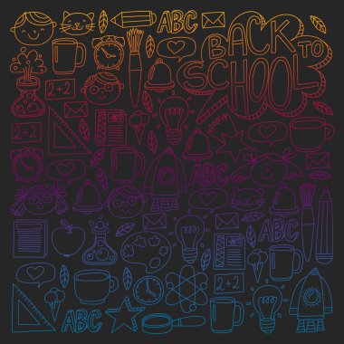 Küçük öğrenciler ile okul simgeleri ile vektör deseni. Çocuk eğitim kimya, yaratıcılık, matematik, fizik, cebir, geometri, biyoloji, coğrafya, astronomi.