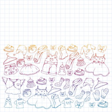 Çocuk kıyafetleri. Bebekler için arka plan, çocuk kalıpları.