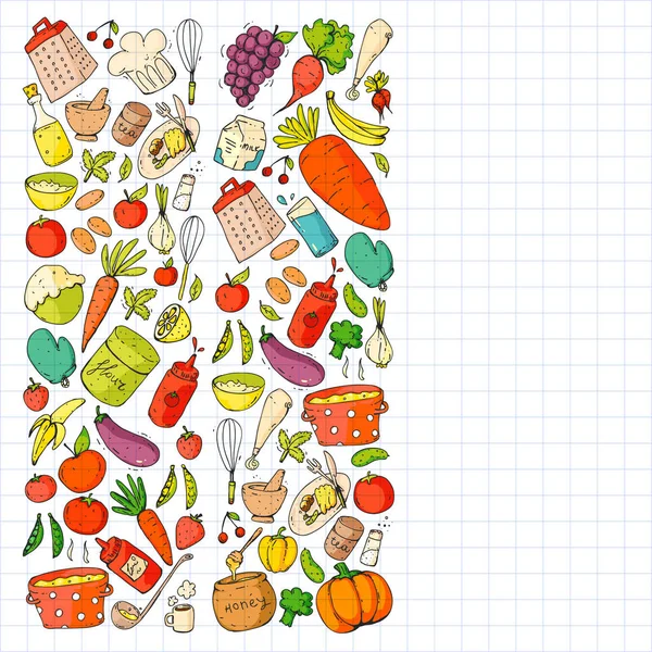 Aliments sains et cuisine. Fruits, légumes, ménage. Ensemble de vecteurs Doodle . — Image vectorielle