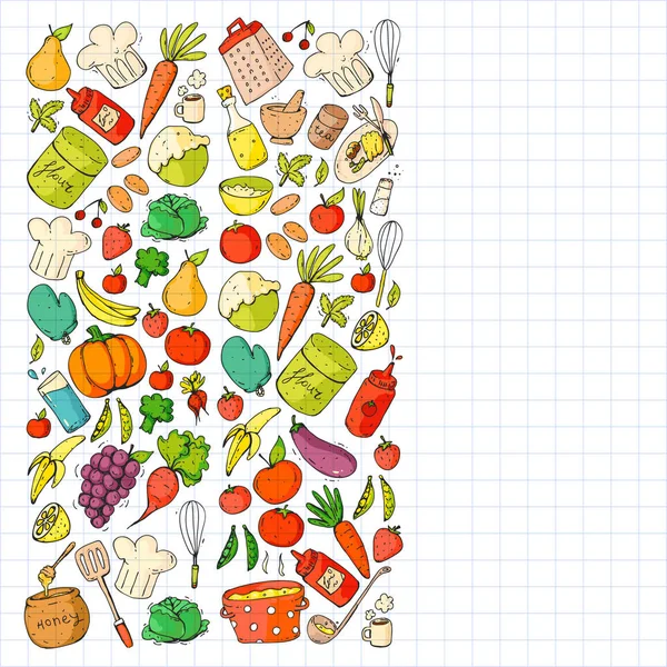 Gezond eten en koken. Fruit, groenten, huishouden. Doodle vector set. — Stockvector