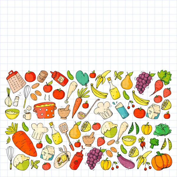 Gezond eten en koken. Fruit, groenten, huishouden. Doodle vector set. — Stockvector