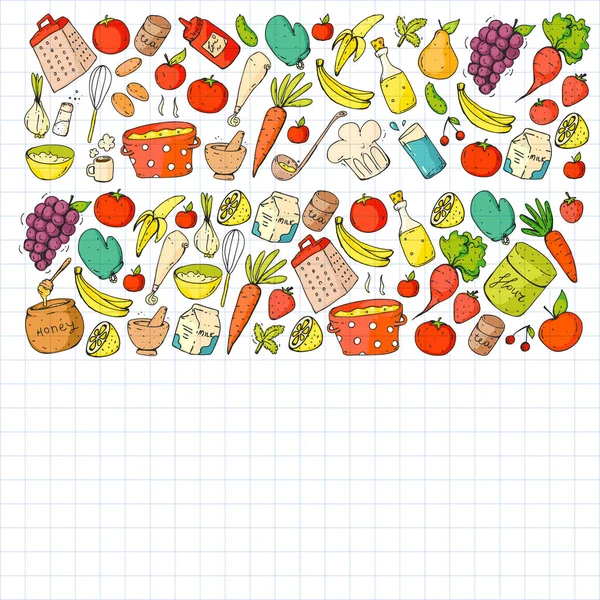 Aliments sains et cuisine. Fruits, légumes, ménage. Ensemble de vecteurs Doodle . — Image vectorielle