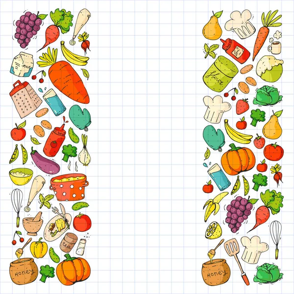 Cibo sano e cucina. Frutta, verdura, famiglia. Set di vettori Doodle . — Vettoriale Stock