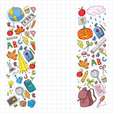 Geri okul vektör desene. Çocuklar için eğitim simgeler.