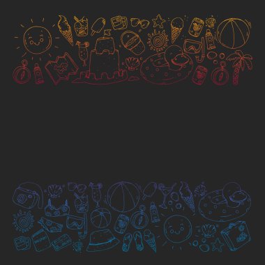 Seyahat ve plaj simgeleri ile vektör deseni.