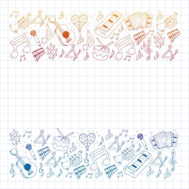 Müzik arka plan desenleri için. Müzik aletleri ile vektör çizim.