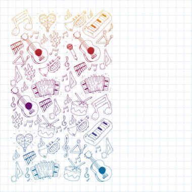 Müzik arka plan desenleri için. Müzik aletleri ile vektör çizim.