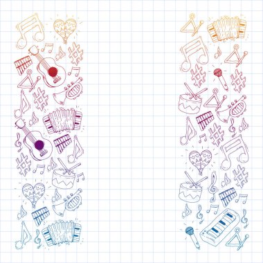 Müzik arka plan desenleri için. Müzik aletleri ile vektör çizim.