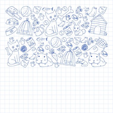 Evde beslenen hayvan dükkan. Vektör çizim hayvanlar, köpek, kedi, balık, kedi, kuş, köpek ile renkli arka plan ile. Veteriner Kliniği.