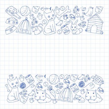 Evde beslenen hayvan dükkan. Vektör çizim hayvanlar, köpek, kedi, balık, kedi, kuş, köpek ile renkli arka plan ile. Veteriner Kliniği.