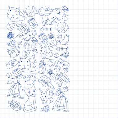 Evde beslenen hayvan dükkan. Vektör çizim hayvanlar, köpek, kedi, balık, kedi, kuş, köpek ile renkli arka plan ile. Veteriner Kliniği.