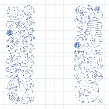 Evde beslenen hayvan dükkan. Vektör çizim hayvanlar, köpek, kedi, balık, kedi, kuş, köpek ile renkli arka plan ile. Veteriner Kliniği.