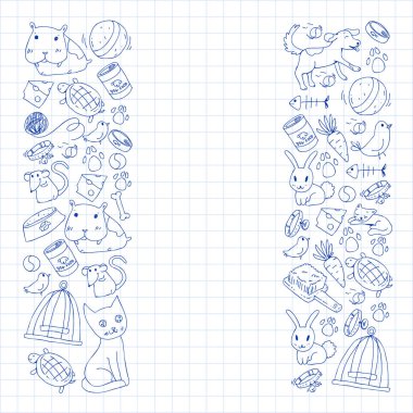 Evde beslenen hayvan dükkan. Vektör çizim hayvanlar, köpek, kedi, balık, kedi, kuş, köpek ile renkli arka plan ile. Veteriner Kliniği.