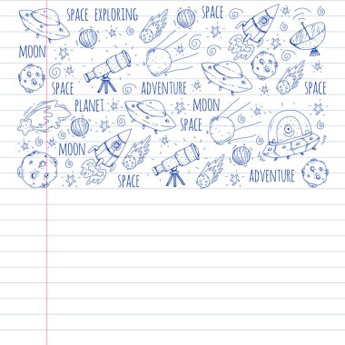 Uzay vektör çizim. Bilim, teknoloji desen. Roket ve uzay.