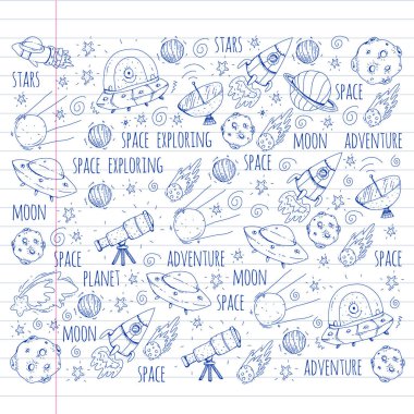 Uzay vektör çizim. Bilim, teknoloji desen. Roket ve uzay.