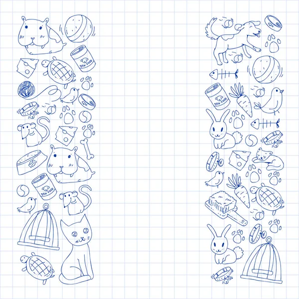 Evde beslenen hayvan dükkan. Vektör çizim hayvanlar, köpek, kedi, balık, kedi, kuş, köpek ile renkli arka plan ile. Veteriner Kliniği.