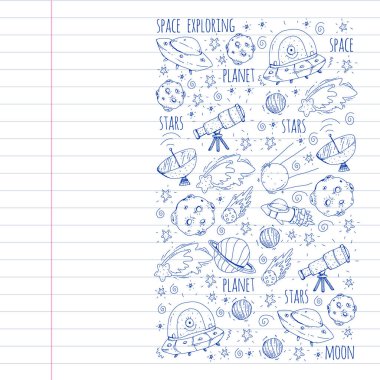 Uzay vektör çizim. Bilim, teknoloji desen. Roket ve uzay.