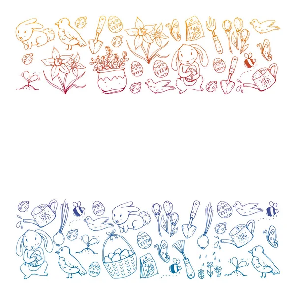 Векторный рисунок с элементами пасхи и весны. Яйца в корзине, кролик, цветы, птицы — стоковый вектор