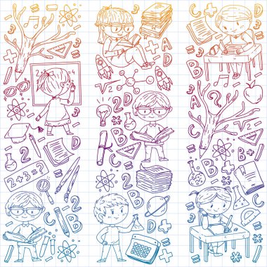 Okula dönüyoruz. Küçük çocuklar için vektör simgeleri ve elemanları, kolej. Doodle tarzı, çocuklar çizim