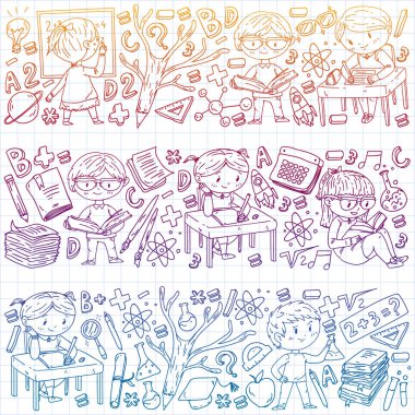 Okula dönüyoruz. Küçük çocuklar için vektör simgeleri ve elemanları, kolej. Doodle tarzı, çocuklar çizim