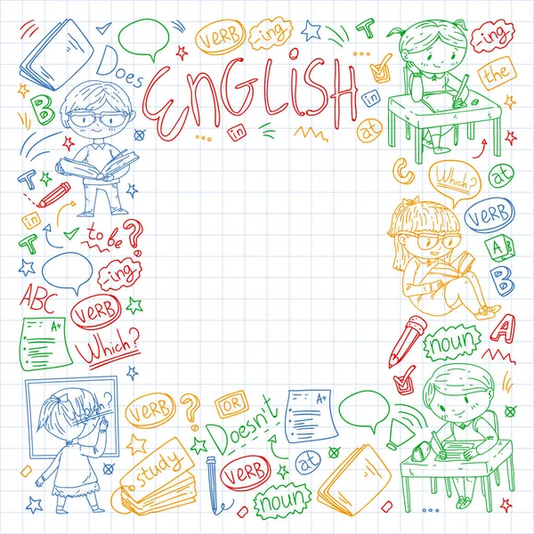 Englische Schule für Kinder. Sprache lernen. Illustration eines Bildungsvektors. Kinder zeichnen Doodle-Stil Bild. — Stockvektor