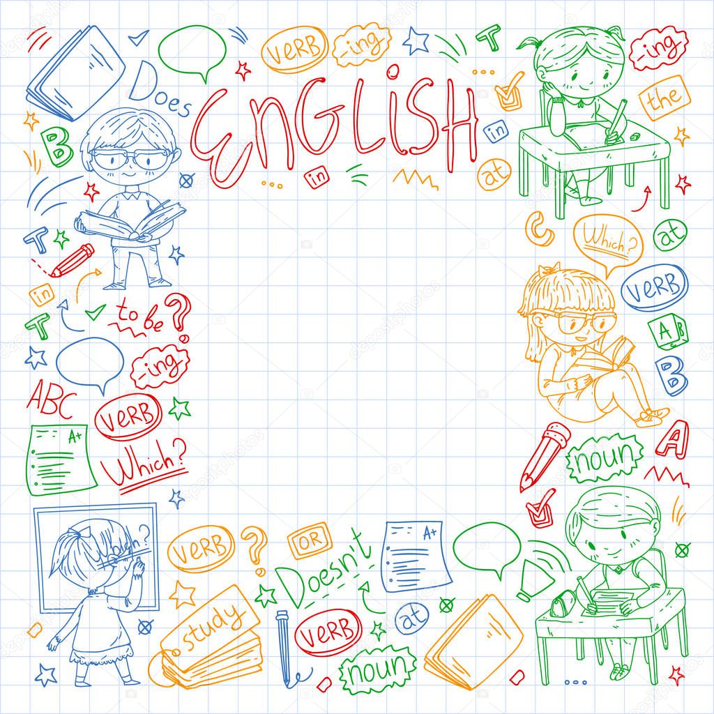 English school for children. Learn language. Education vector illustration. Kids drawing doodle style image.