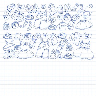 Çocuk kıyafetleri. Bebekler için arka plan, çocuk kalıpları.