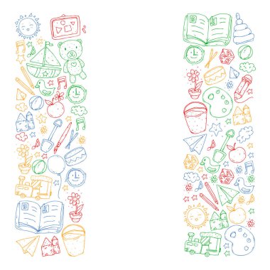 Anaokulu oyuncakları ile. Çocuklar için şablon. Küçük okul öncesi çocuklar eğitim. Oyun çizim, öğrenme,