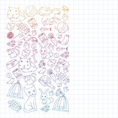 Evde beslenen hayvan dükkan. Vektör çizim hayvanlar, köpek, kedi, balık, kedi, kuş, köpek ile renkli arka plan ile. Veteriner Kliniği.