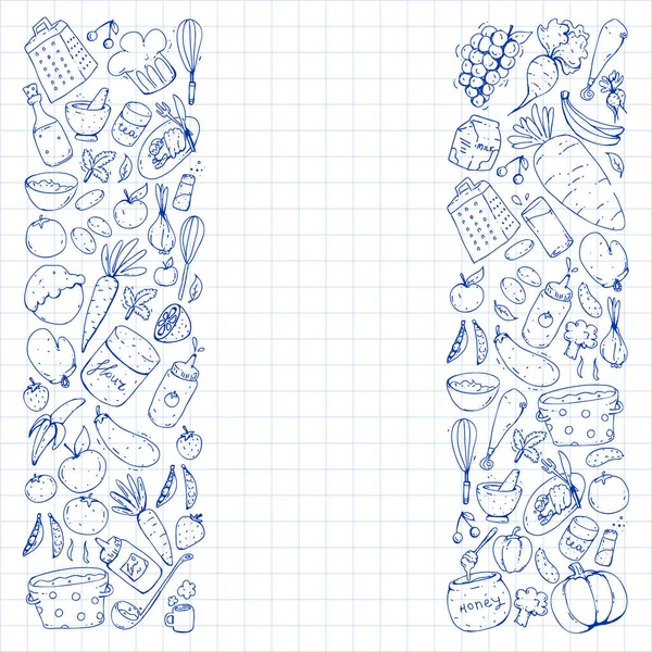 Comida saudável e cozinhar. Frutas, legumes, casa. Conjunto de vetor Doodle . — Vetor de Stock