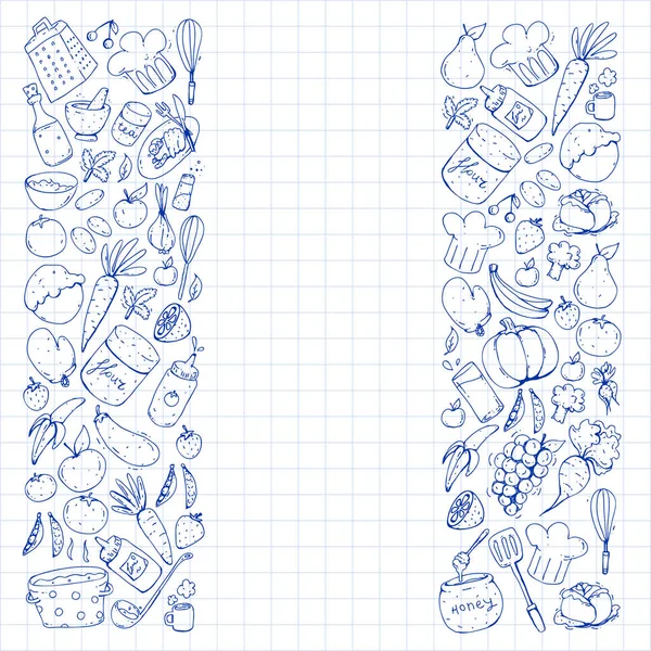 Cibo sano e cucina. Frutta, verdura, famiglia. Set di vettori Doodle . — Vettoriale Stock