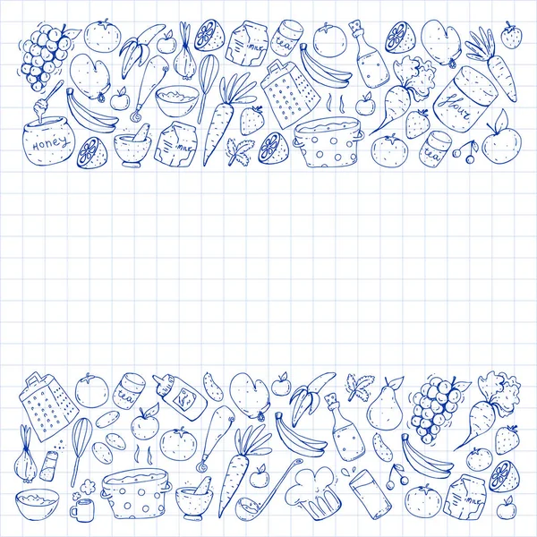 Comida saudável e cozinhar. Frutas, legumes, casa. Conjunto de vetor Doodle . — Vetor de Stock