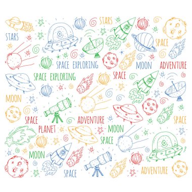 Uzay vektör çizim. Bilim, teknoloji desen. Roket ve uzay.