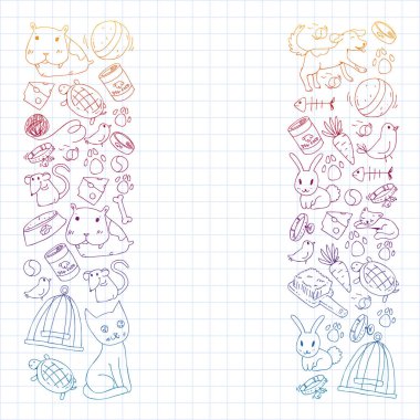 Evde beslenen hayvan dükkan. Vektör çizim hayvanlar, köpek, kedi, balık, kedi, kuş, köpek ile renkli arka plan ile. Veteriner Kliniği.