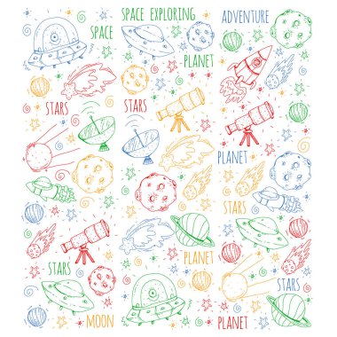 Uzay vektör çizim. Bilim, teknoloji desen. Roket ve uzay.