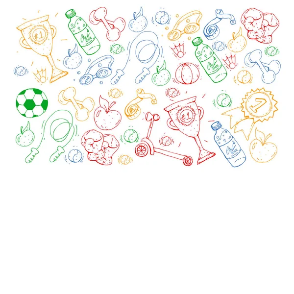 Vectorpatroon met sportelementen. Fitness, spelletjes, oefeningen. Doodle pictogrammen in kinderen tekenen stijl — Stockvector