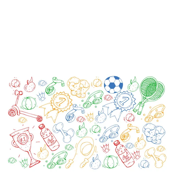 Patrón vectorial con elementos deportivos. Fitness, juegos, ejercicios. Doodle iconos en el estilo de dibujo de los niños — Archivo Imágenes Vectoriales