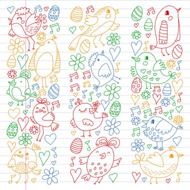 Desen çocuk kumaş, tekstil, kreş duvar kağıdı. Vektör Illustration. Küçük çocuklar için el çizilmiş şarkı kuşlar ve çiçekler.