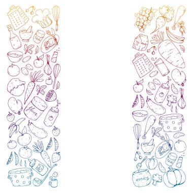 Sağlıklı gıda ve yemek. Meyve, sebze, ev için. Vektör set doodle.