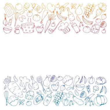 Sağlıklı gıda ve yemek. Meyve, sebze, ev için. Vektör set doodle.