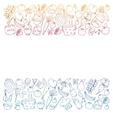 Sağlıklı gıda ve yemek. Meyve, sebze, ev için. Vektör set doodle.