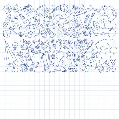 Geri okul vektör desene. Çocuklar için eğitim simgeler.